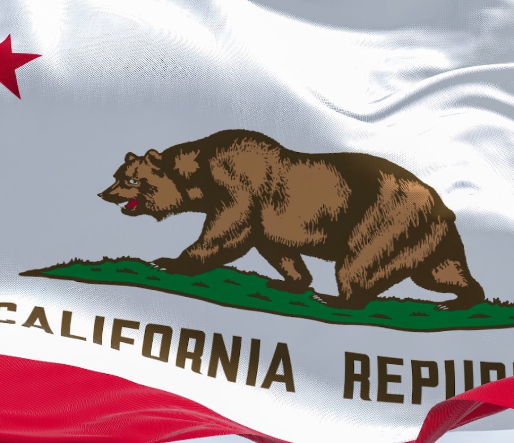Close-up view of the California State flag waving in the wind