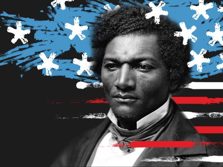 Frederick Douglass photo overlaid with stars and stripes like the American flag.