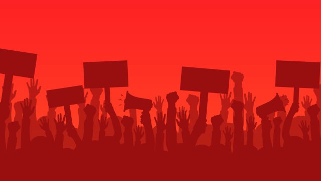 Crowd of protesters people. Silhouettes of people with banners and megaphones. Concept of revolution or protest.