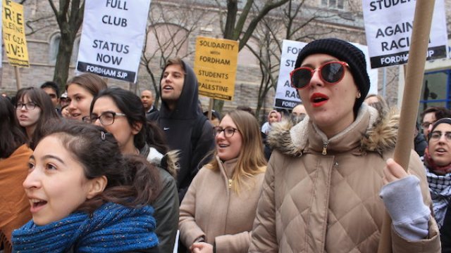 NEW YORK, January 23 - Members and supporters of Fordham Students for Justice in Palestine rallied on the university's Manhattan campus, before marching to nearby Columbus Circle and back, to protest the Fordham administration's refusal to register SJP as a student organization. (Photo by Joe Catron)