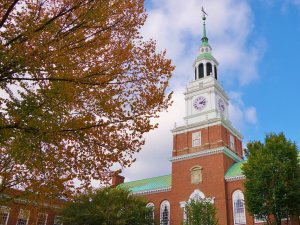 With a tree in fall colors filling most of the left half of the frame this is a nice view of the library bell tower and blue sky on the campus of Dartmouth College in Hanover, New Hampshire.