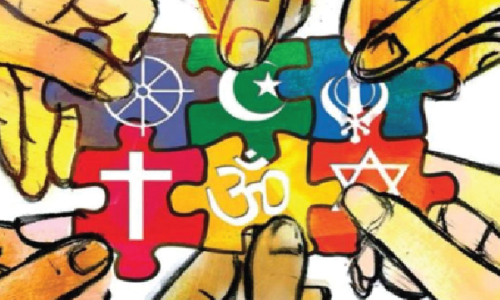 World religions represented as puzzle pieces being put together by hands with different skin colors