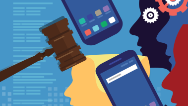 Graphic of a gavel, two smartphones, and the silhouettes of heads