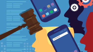 Graphic of a gavel, two smartphones, and the silhouettes of heads 