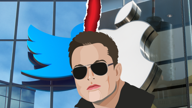 Elon Musk between the headquarters of Apple and Twitter